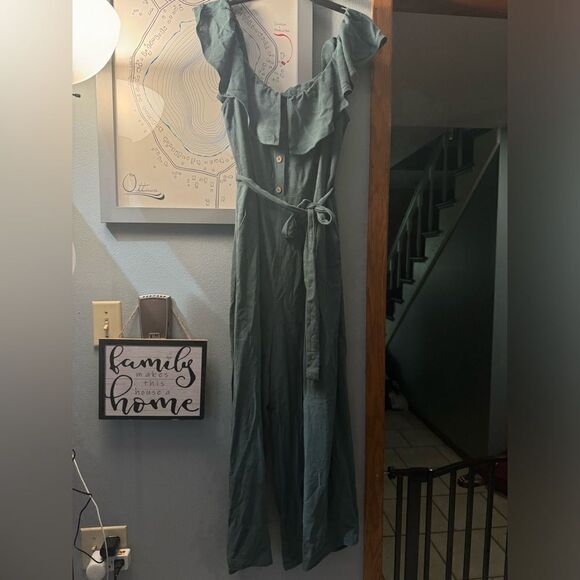 Lulu's Off The Shoulder Dark Sage Green Linen/ Rayon Ankle Length Jumpsuit Sz XL - Picture 6 of 12